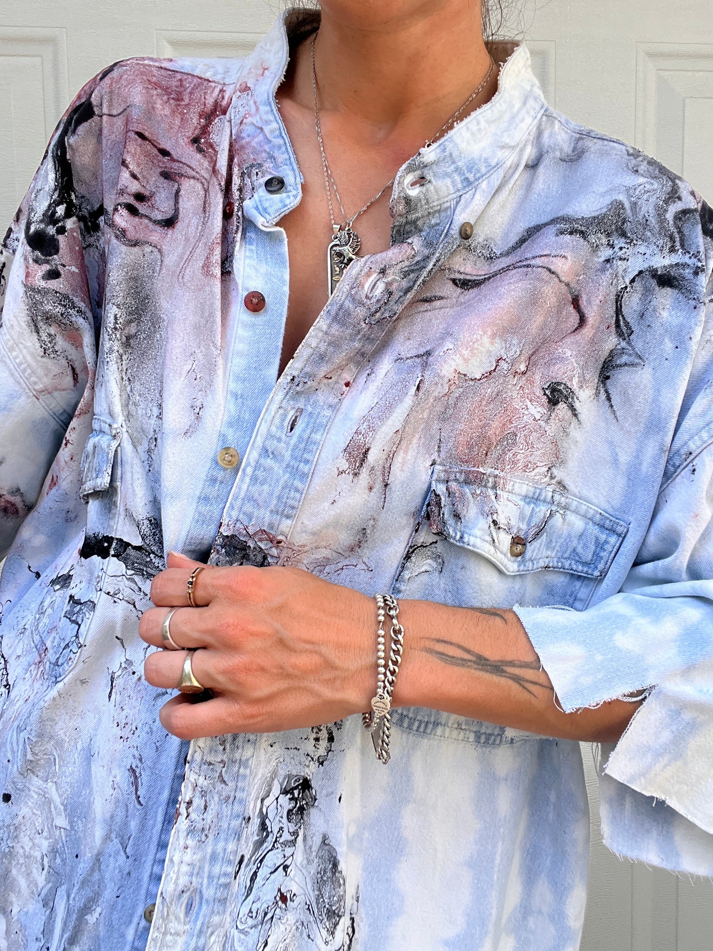 Bleached & Marbled Denim Shirt - XXL