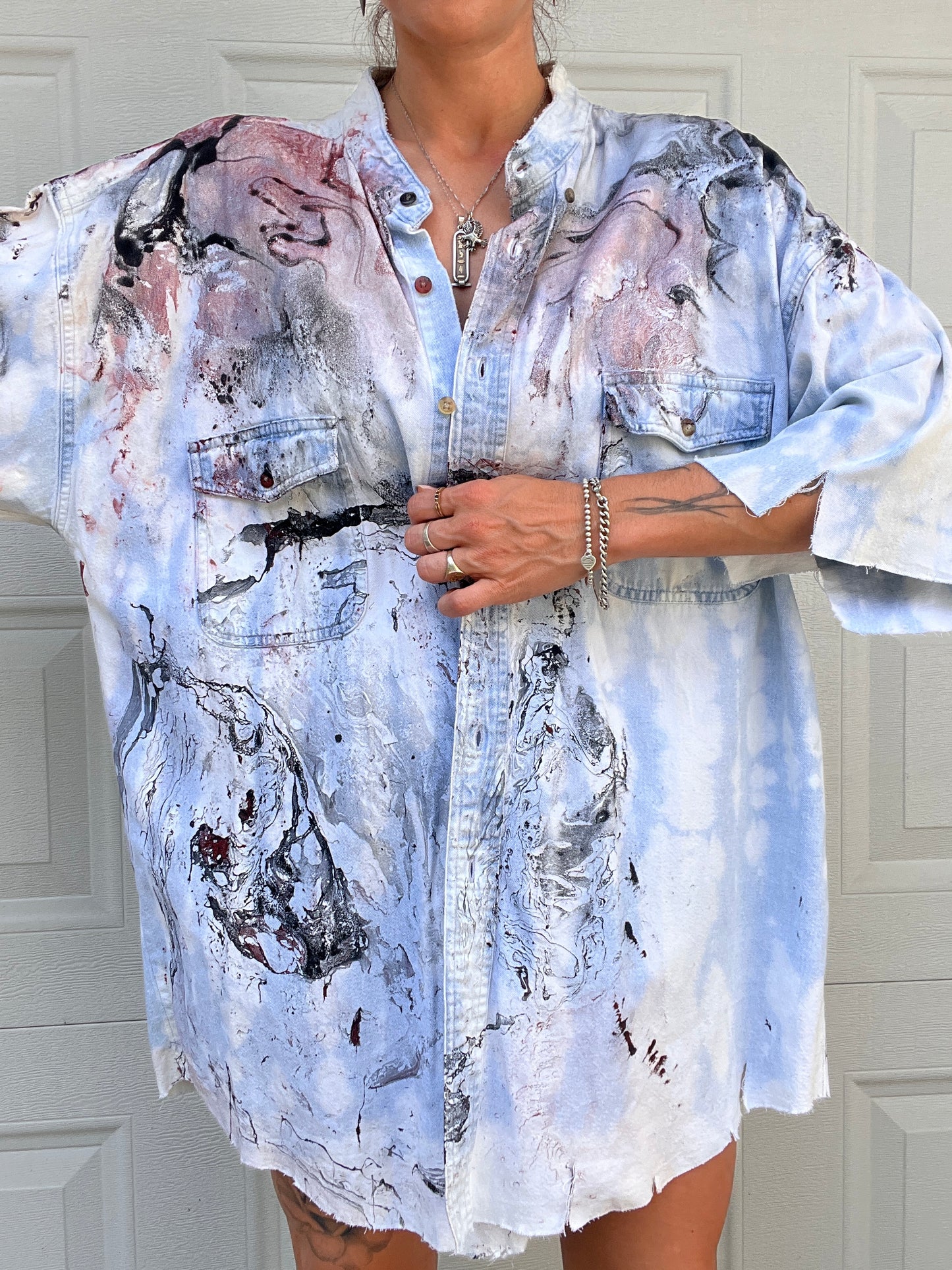 Bleached & Marbled Denim Shirt - XXL