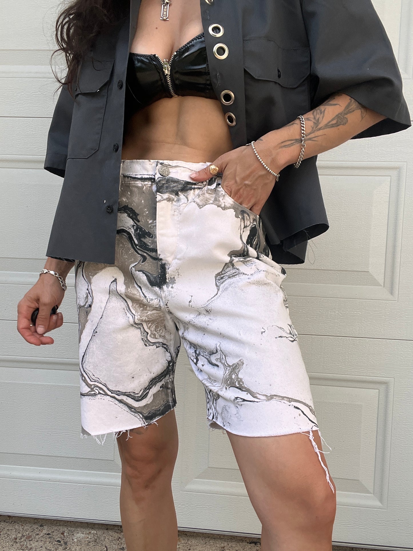 Marbled White Denim Shorts - 31"