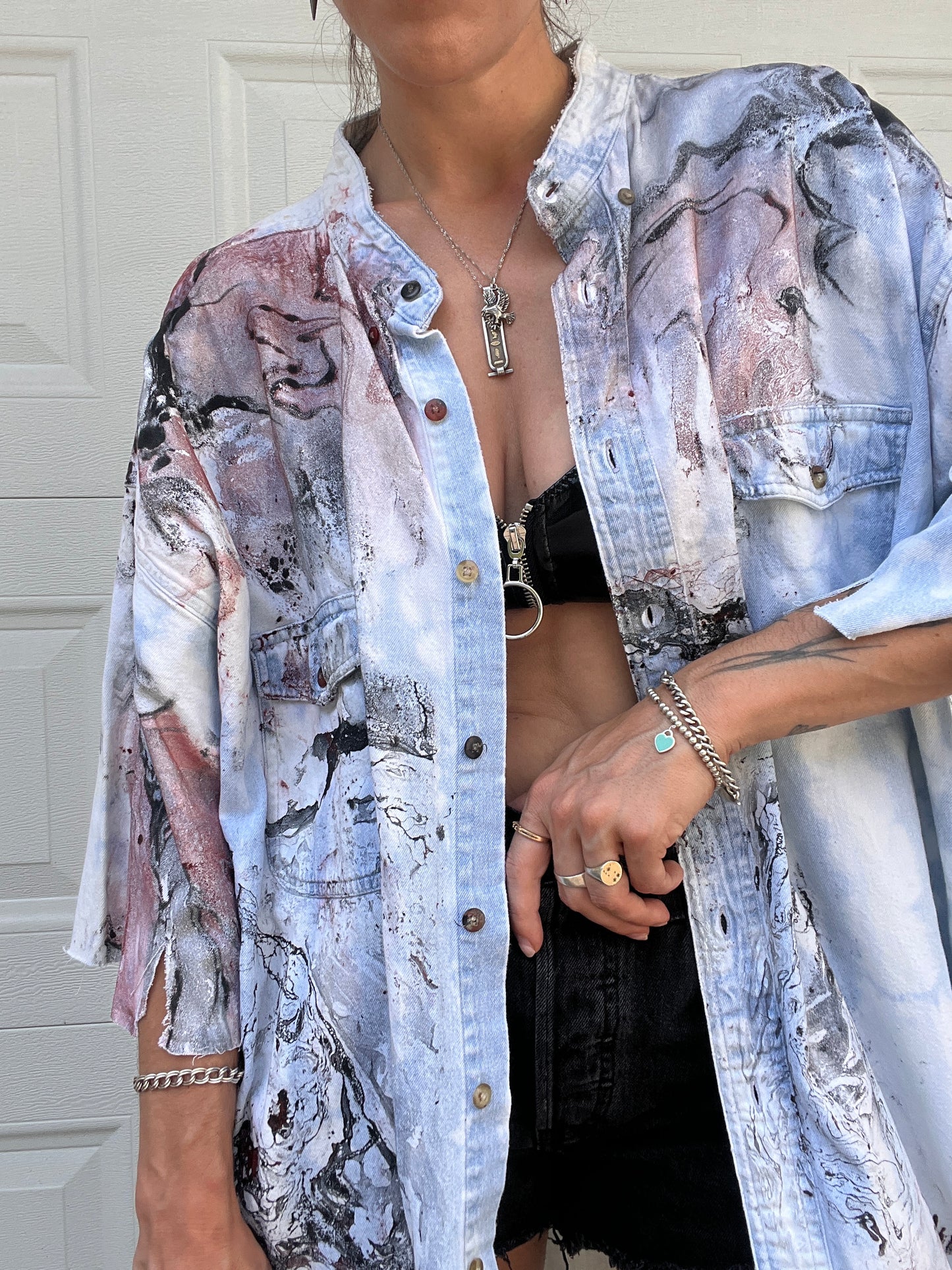 Bleached & Marbled Denim Shirt - XXL