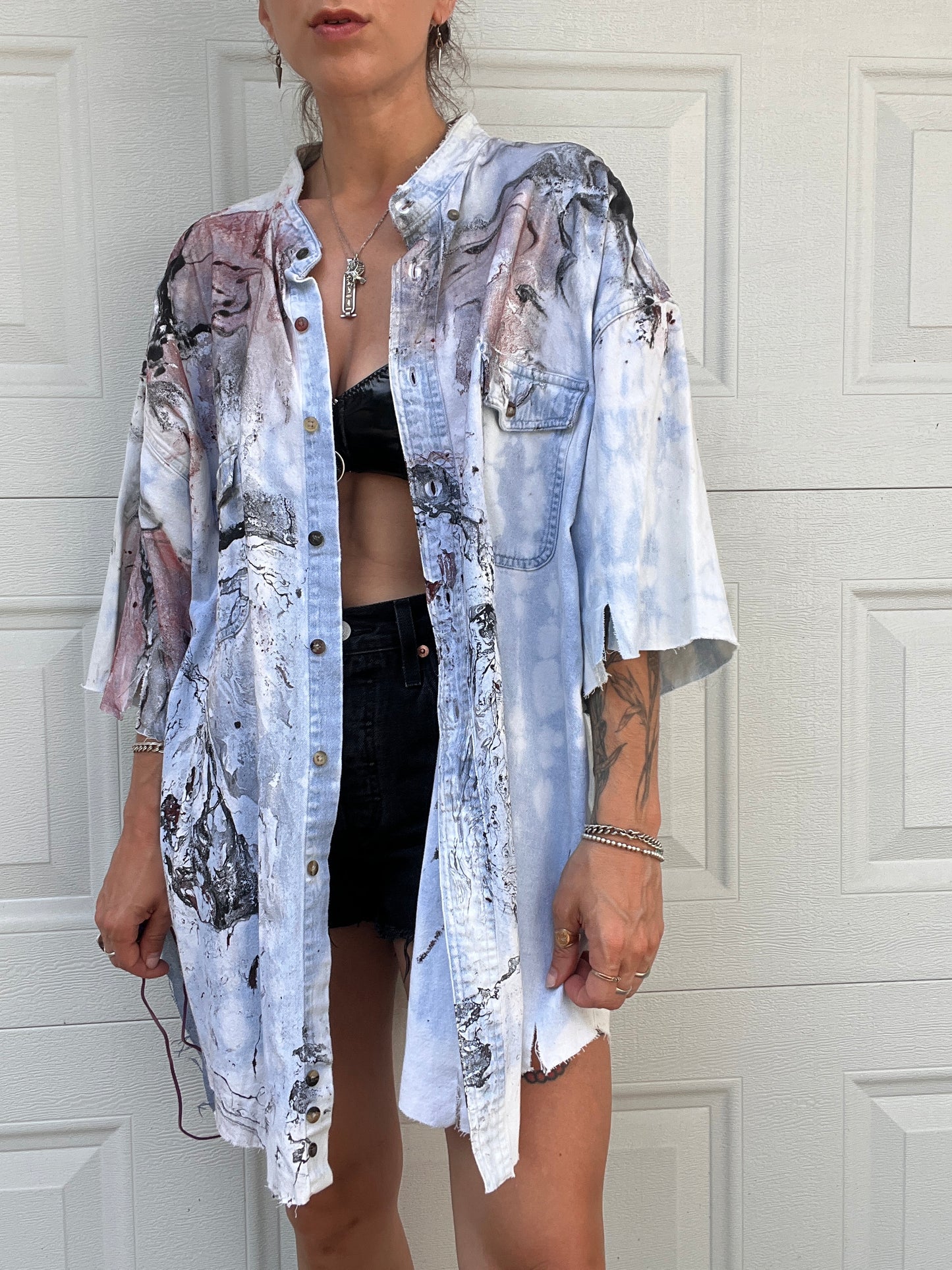 Bleached & Marbled Denim Shirt - XXL