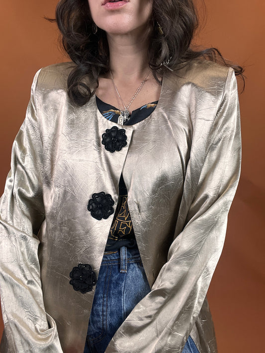 Metallic Floral Button Collarless Blazer - 10