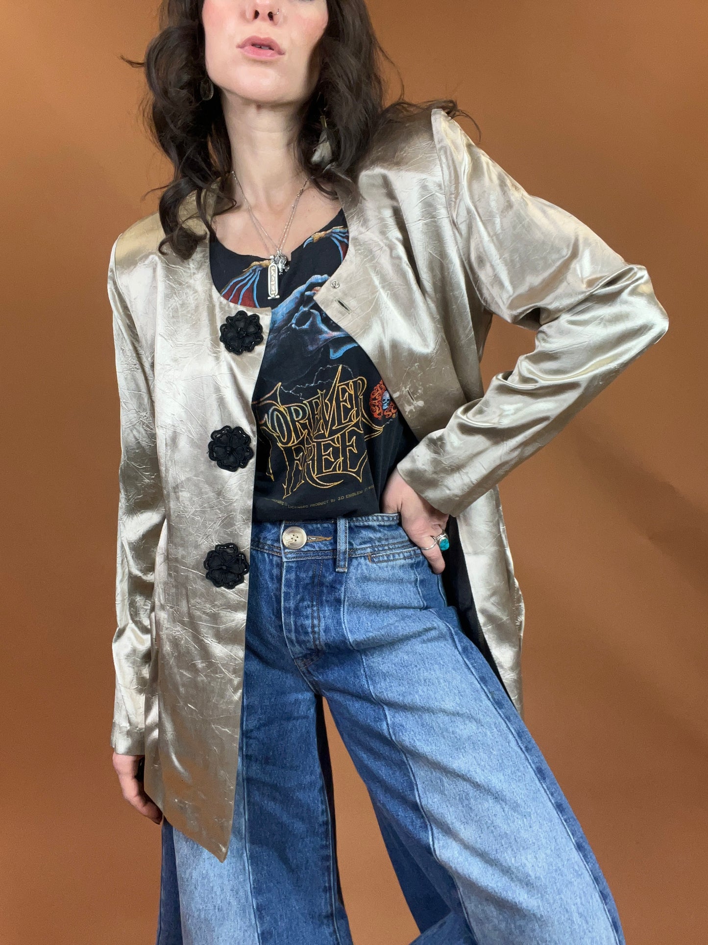 Metallic Floral Button Collarless Blazer - 10