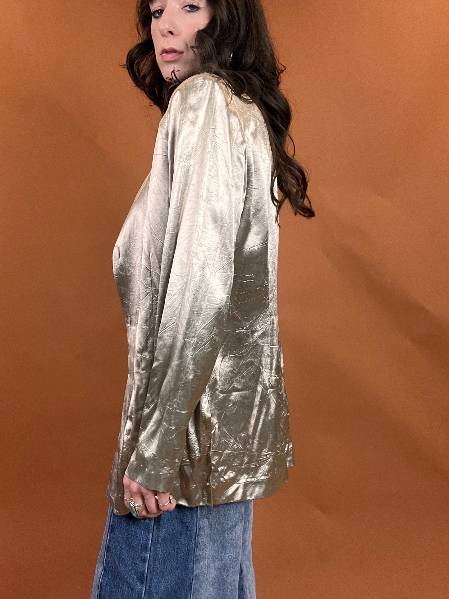 Metallic Floral Button Collarless Blazer - 10