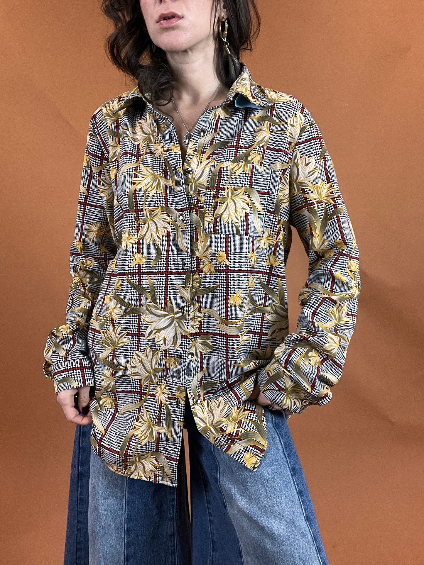 Plaid & Floral Slinky Button Down - XL