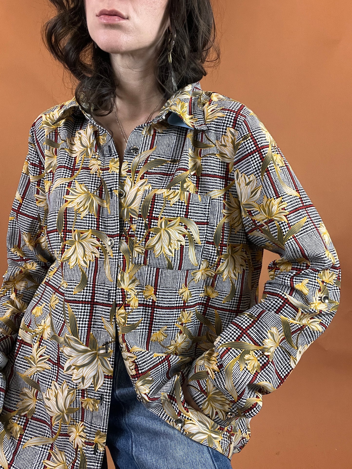Plaid & Floral Slinky Button Down - XL