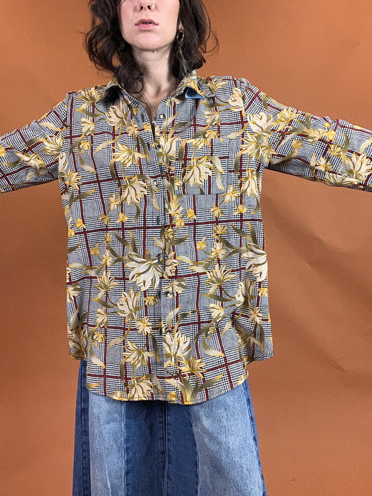 Plaid & Floral Slinky Button Down - XL