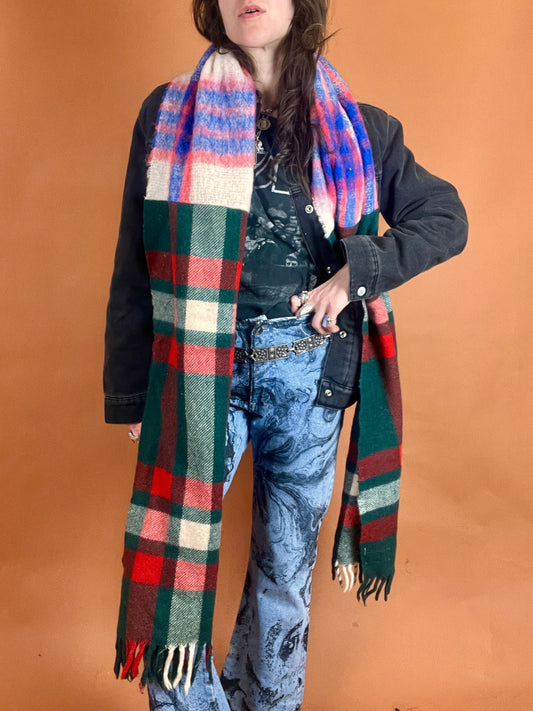 The Mixed Plaid Blanket Scarf - Cream/Green