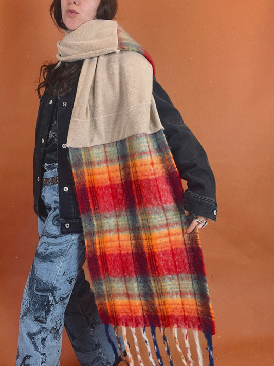 The Mixed Plaid Blanket Scarf - Tan/Red