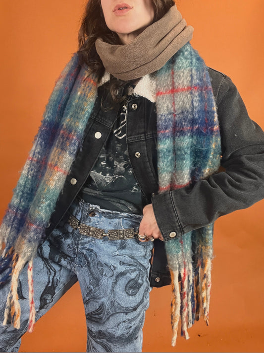 The Mixed Plaid Blanket Scarf - Brown/Blue