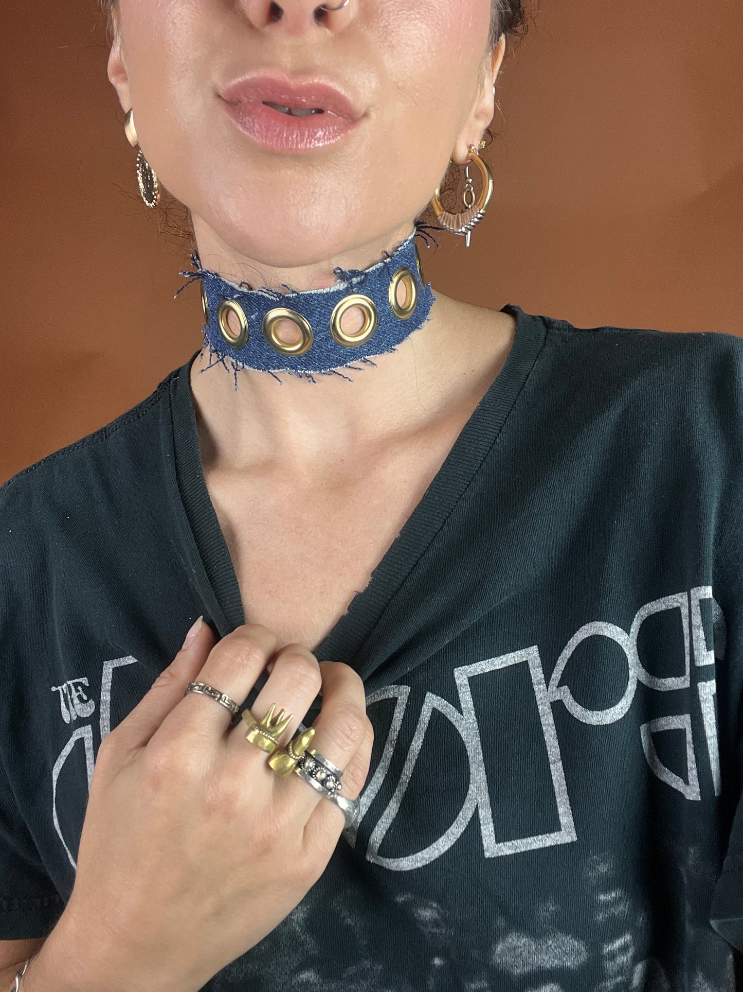 Denim x Grommet Choker Necklace - Dark Wash - Full Metal
