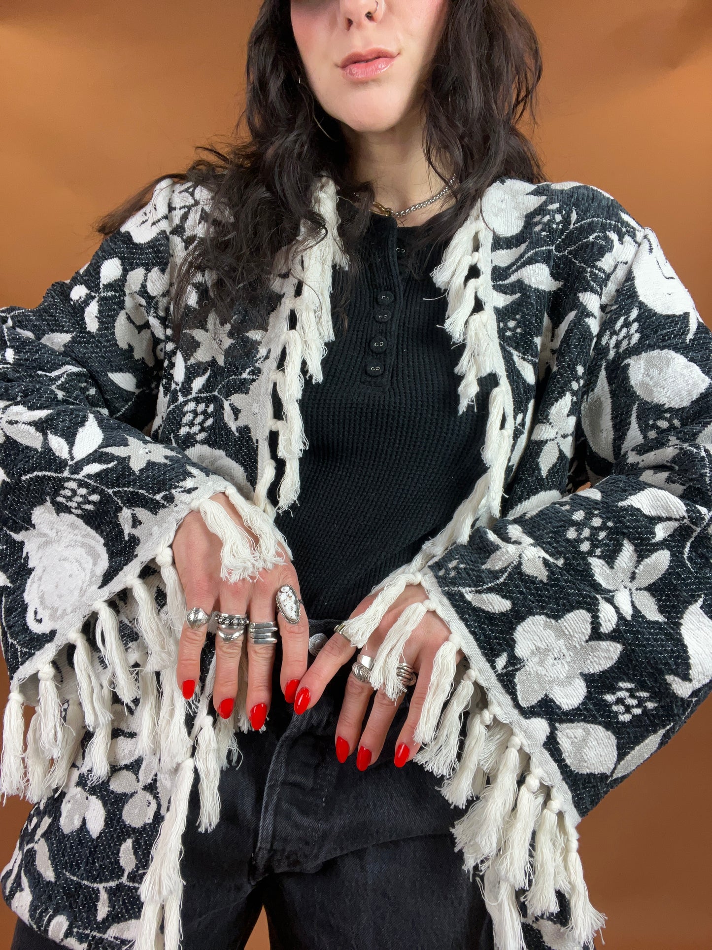 Floral Fringe Blanket Cardigan - L/XL
