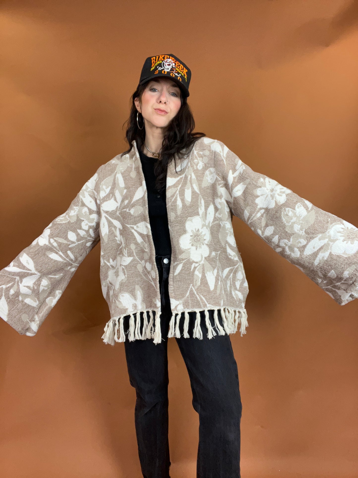 Floral Fringe Blanket Cardigan - XL/XXL