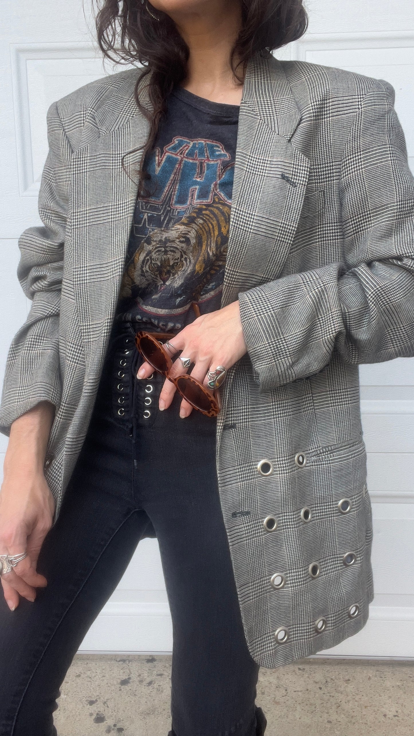 Grommeted Plaid Long Blazer