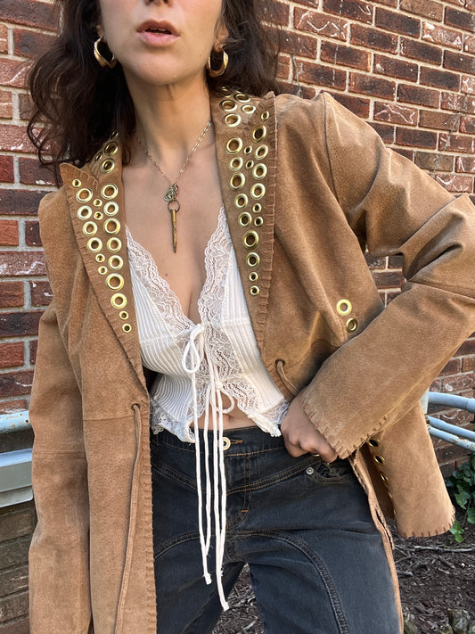 Gold Grommet Tan Suede Jacket - L