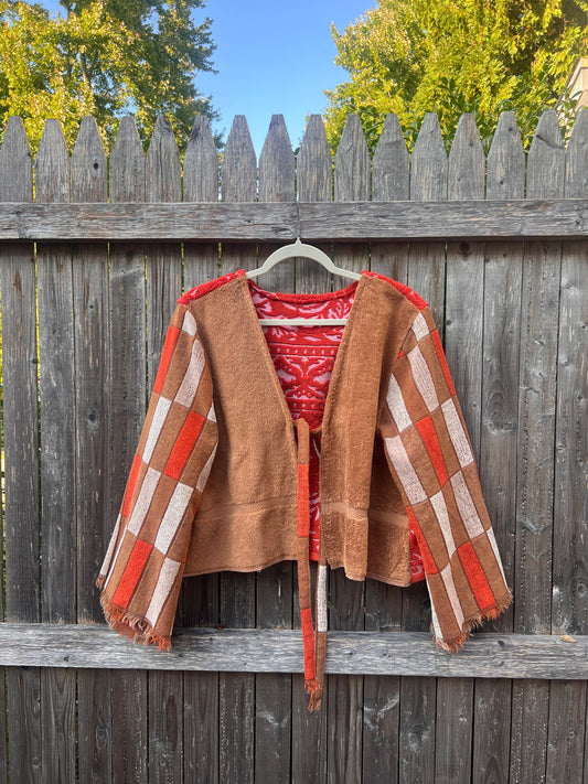 Floral Towel Cardigan - Brown/Coral - L/XL