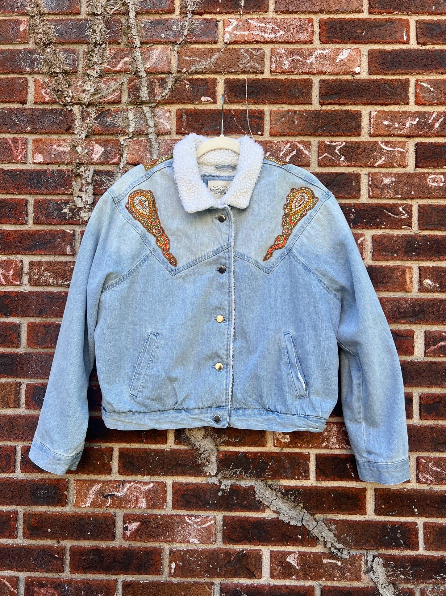 Bedazzled Patchwork Sherpa Denim Jacket - Large