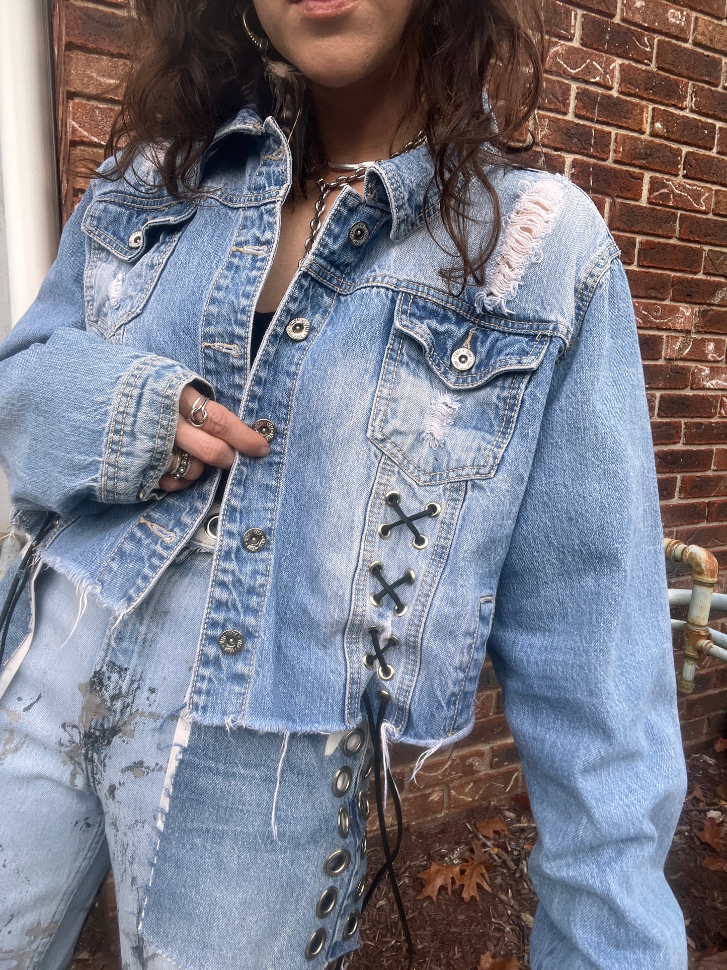 Grommeted Lace Up Denim Crop Jacket - XL/XXL