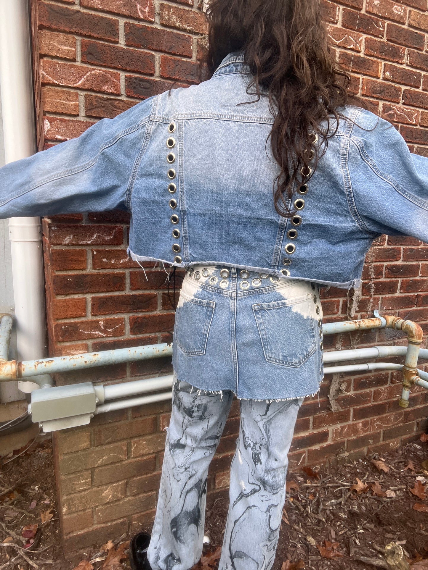 Grommeted Lace Up Denim Crop Jacket - XL/XXL