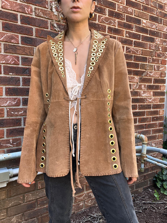 Gold Grommet Tan Suede Jacket - L