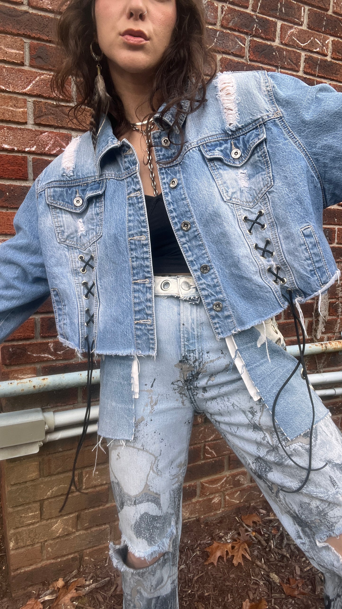 Grommeted Lace Up Denim Crop Jacket - XL/XXL