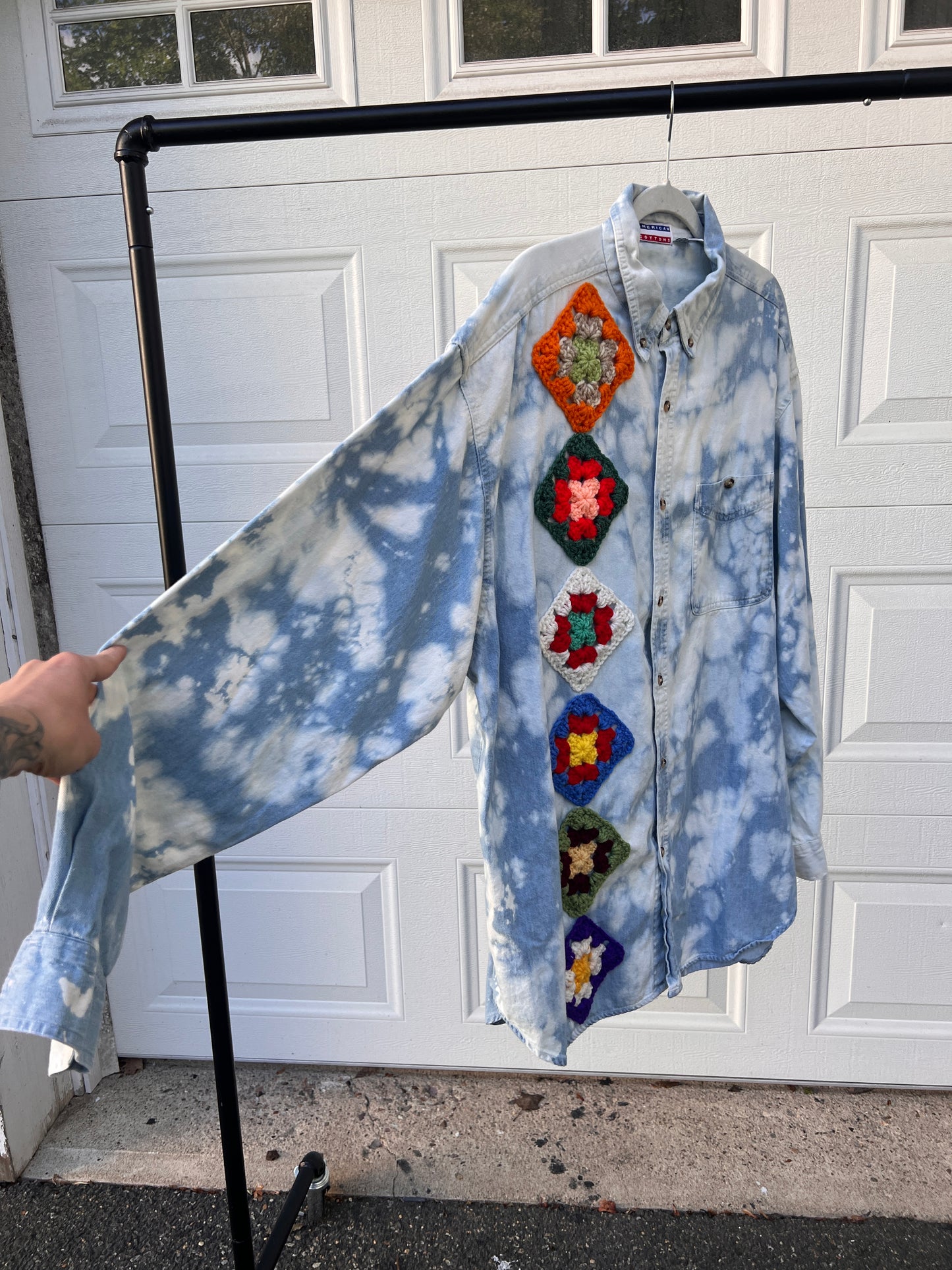 Bleached & Crochet Patch Denim Shirt - XXL