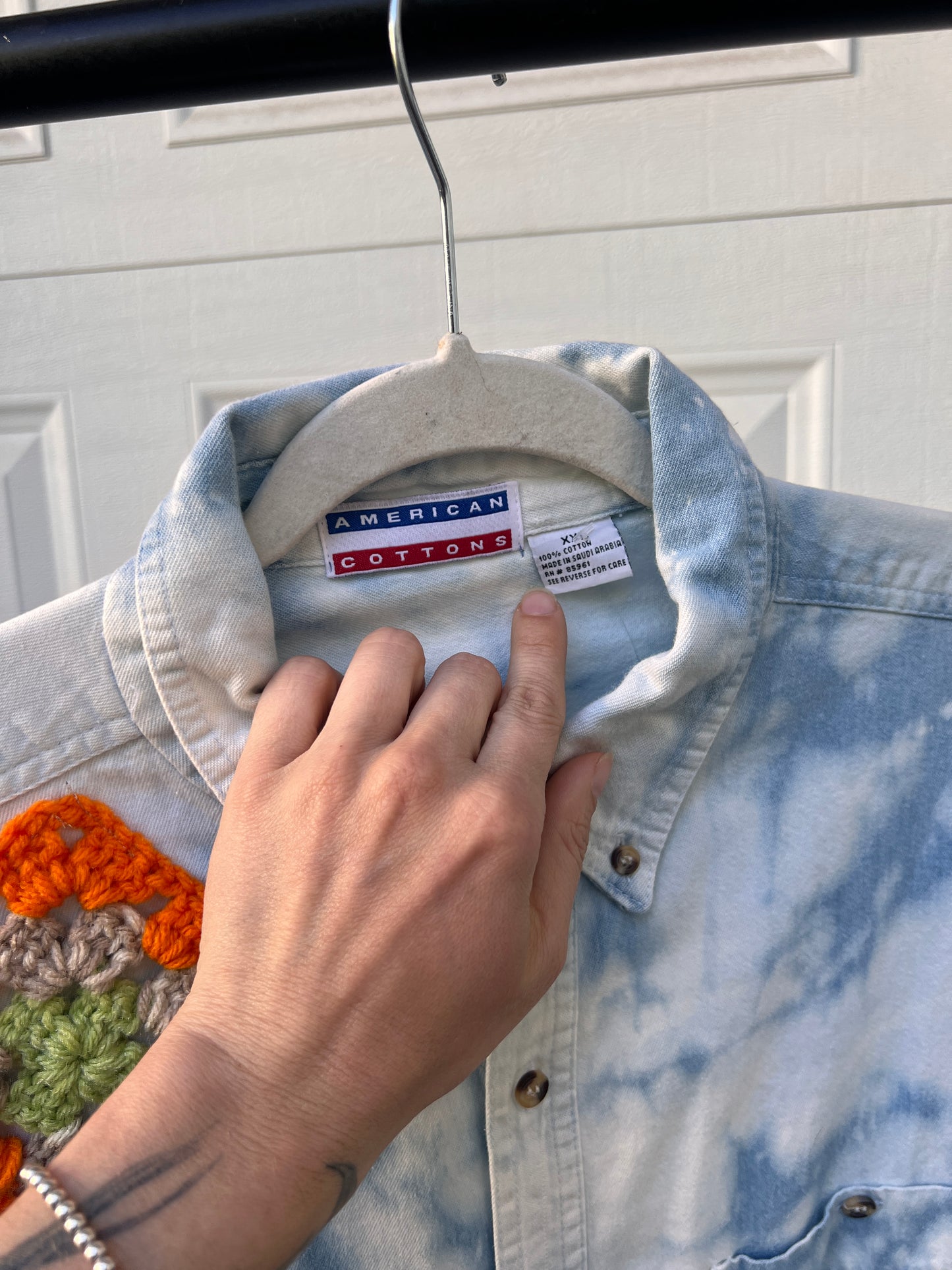 Bleached & Crochet Patch Denim Shirt - XXL