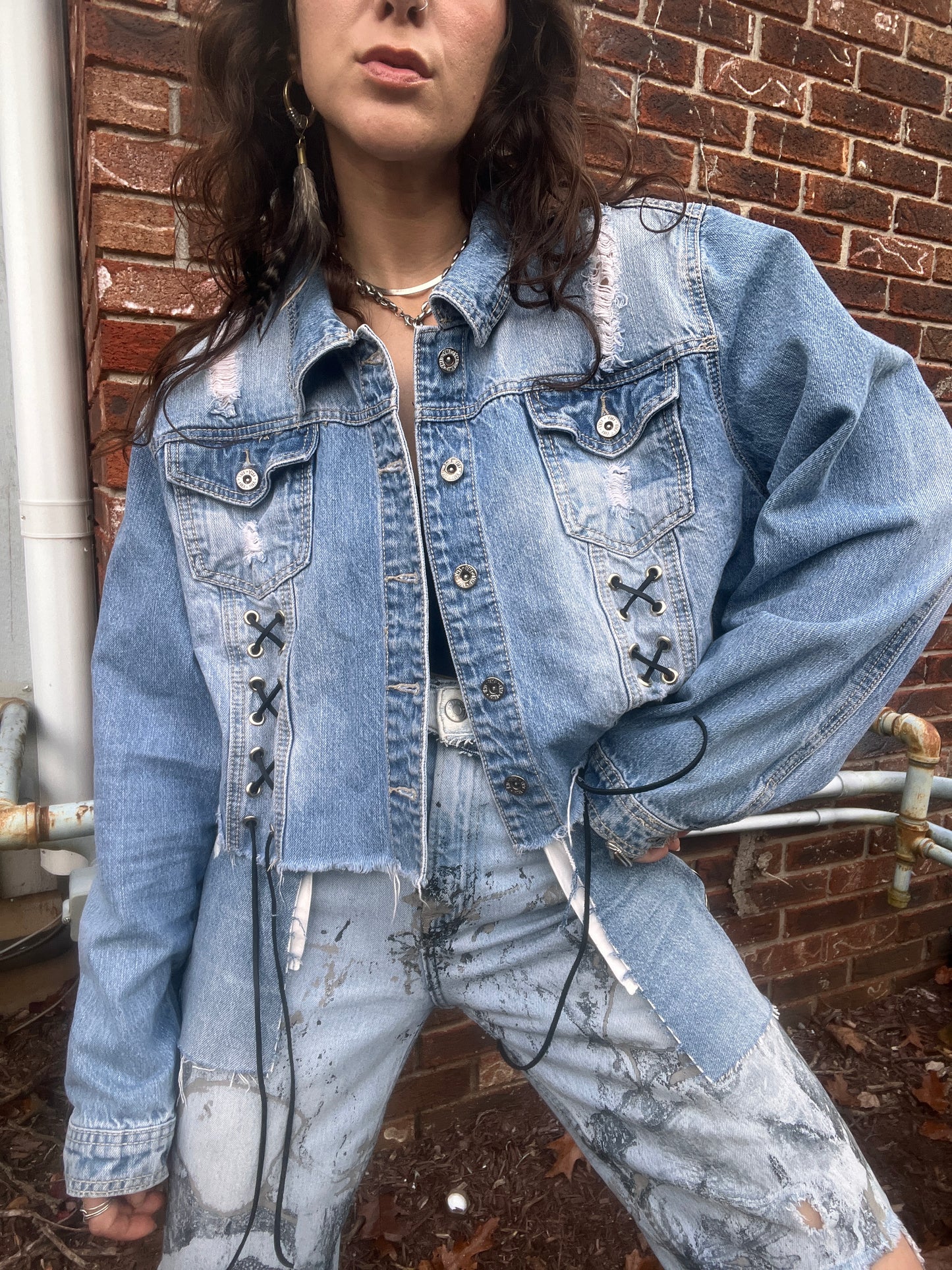 Grommeted Lace Up Denim Crop Jacket - XL/XXL