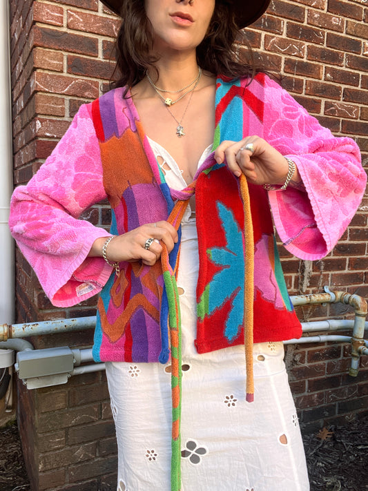 Floral Towel Cardigan - Red/Pink - S