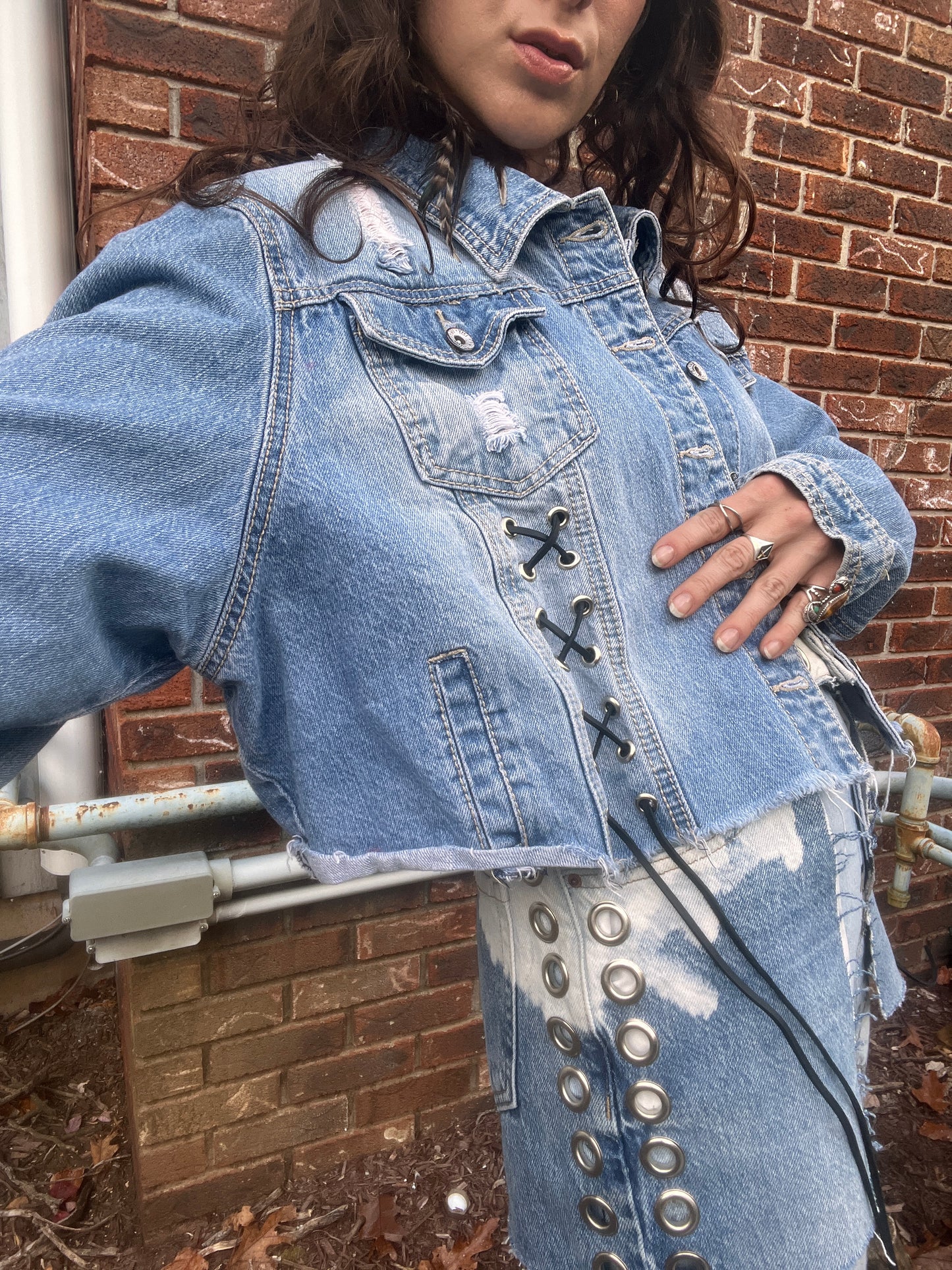 Grommeted Lace Up Denim Crop Jacket - XL/XXL