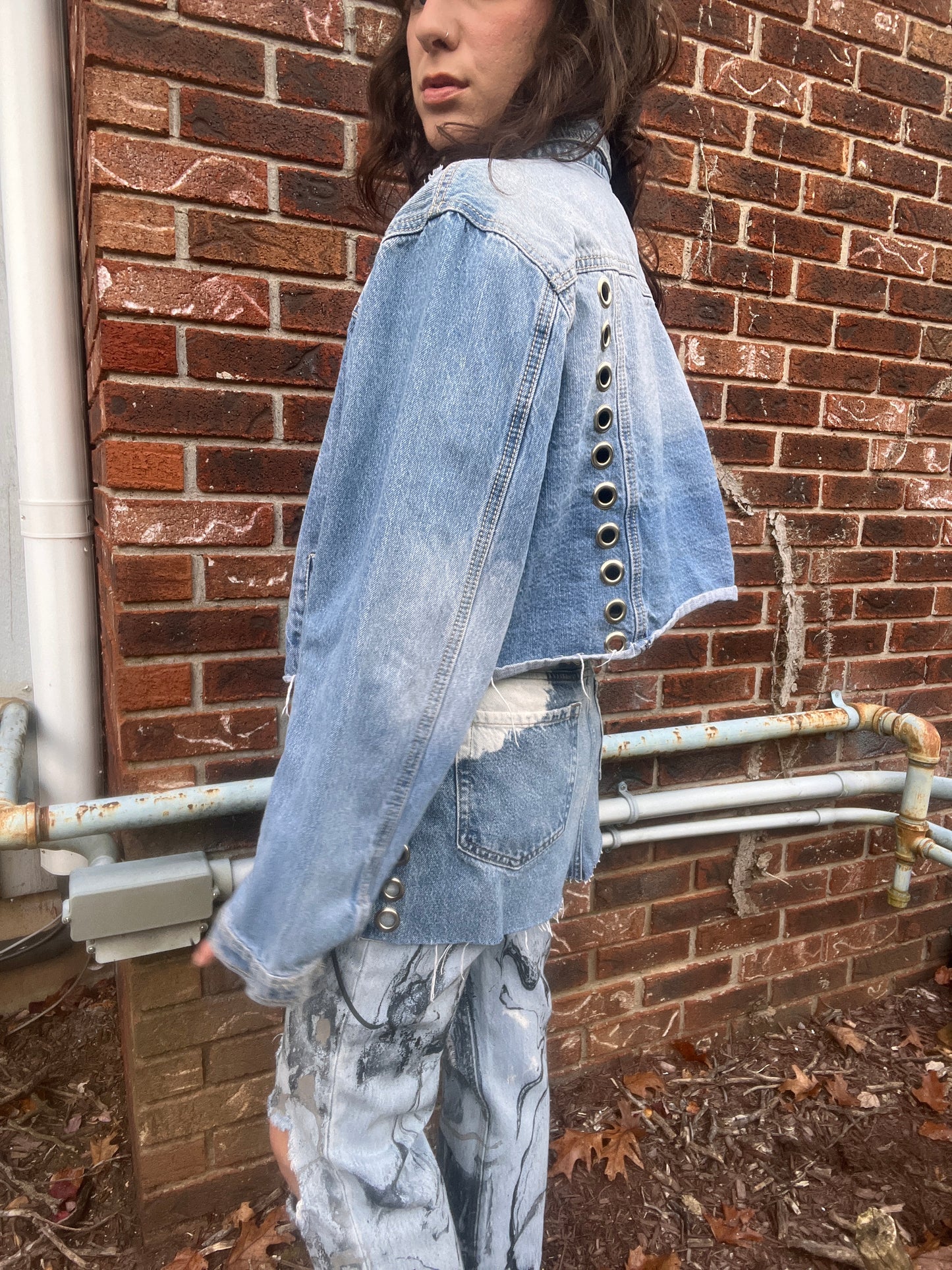 Grommeted Lace Up Denim Crop Jacket - XL/XXL