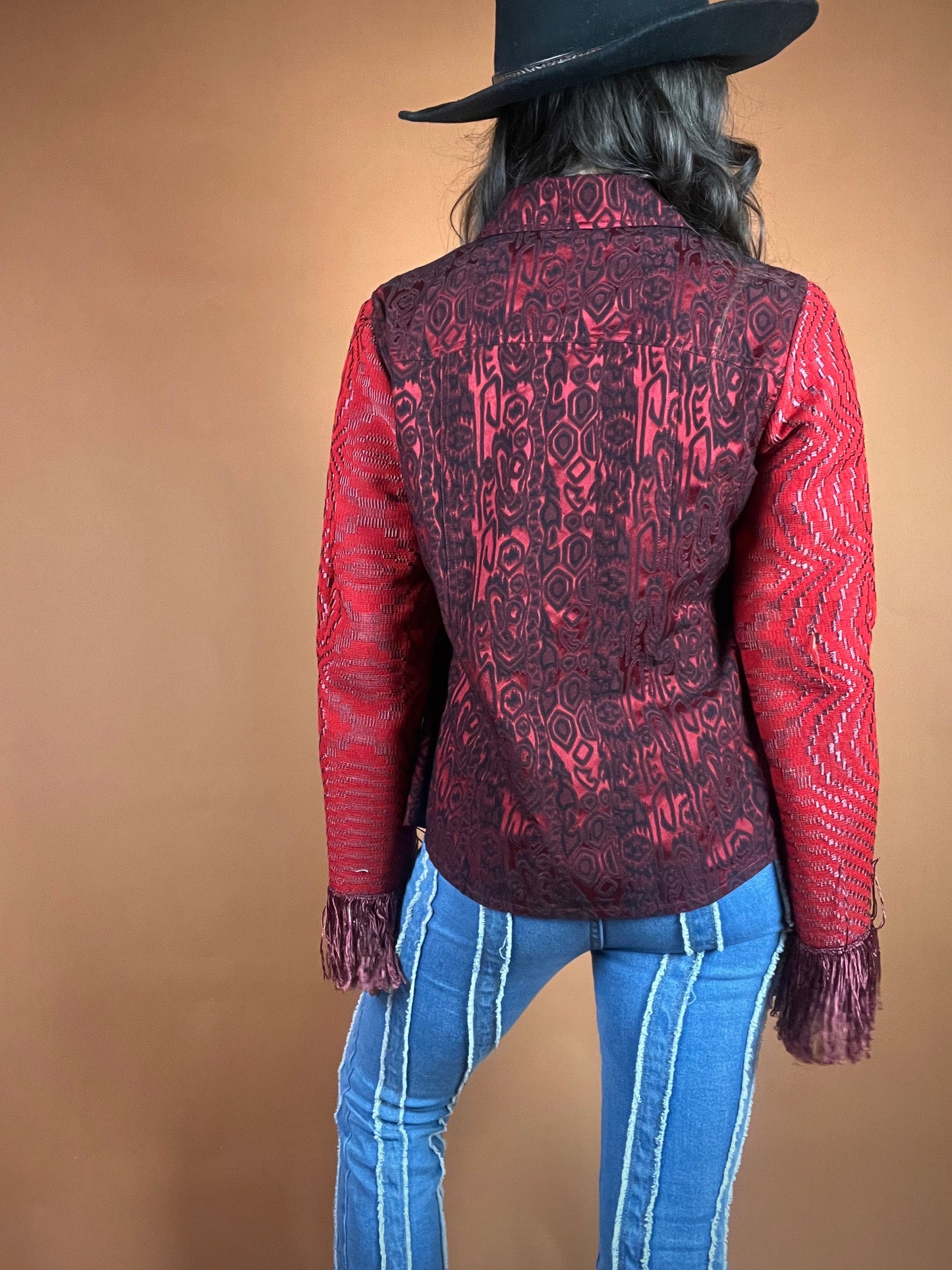 Ikat Reworked Red Fringe Jacket - S