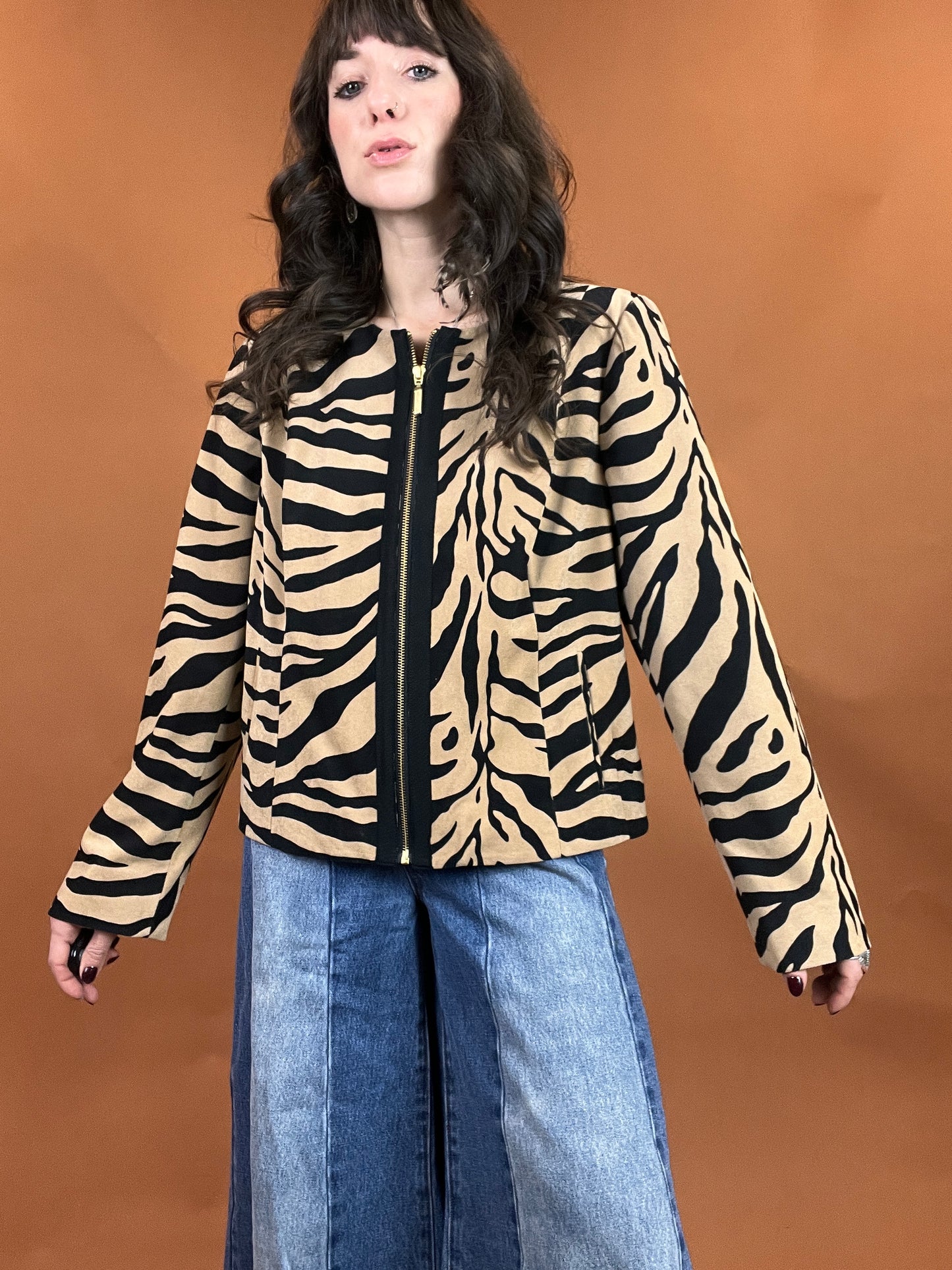 Tiger Print Color Block Zip Jacket - L