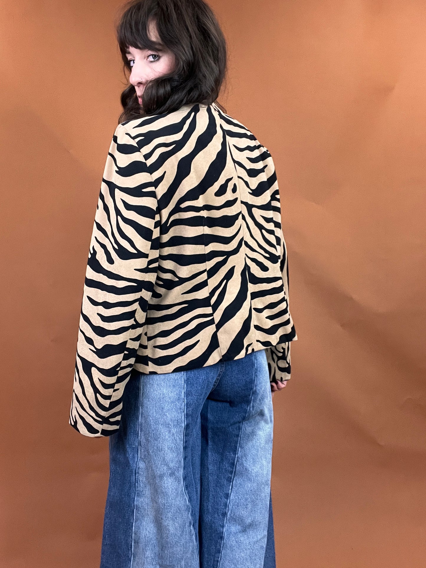 Tiger Print Color Block Zip Jacket - L