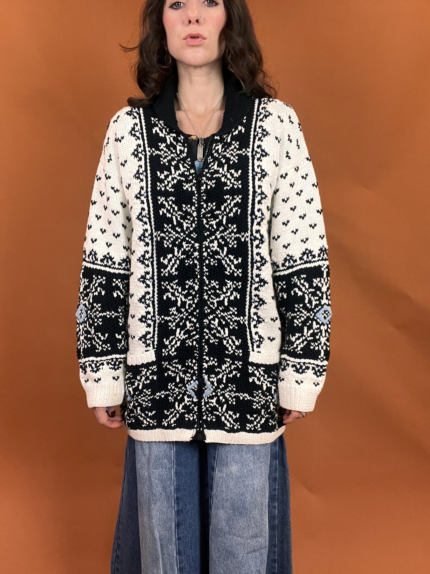 Fair Isle Embroidered Zip Front Long Cardigan