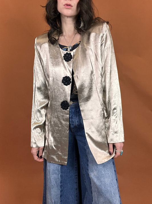 Metallic Floral Button Collarless Blazer - 10