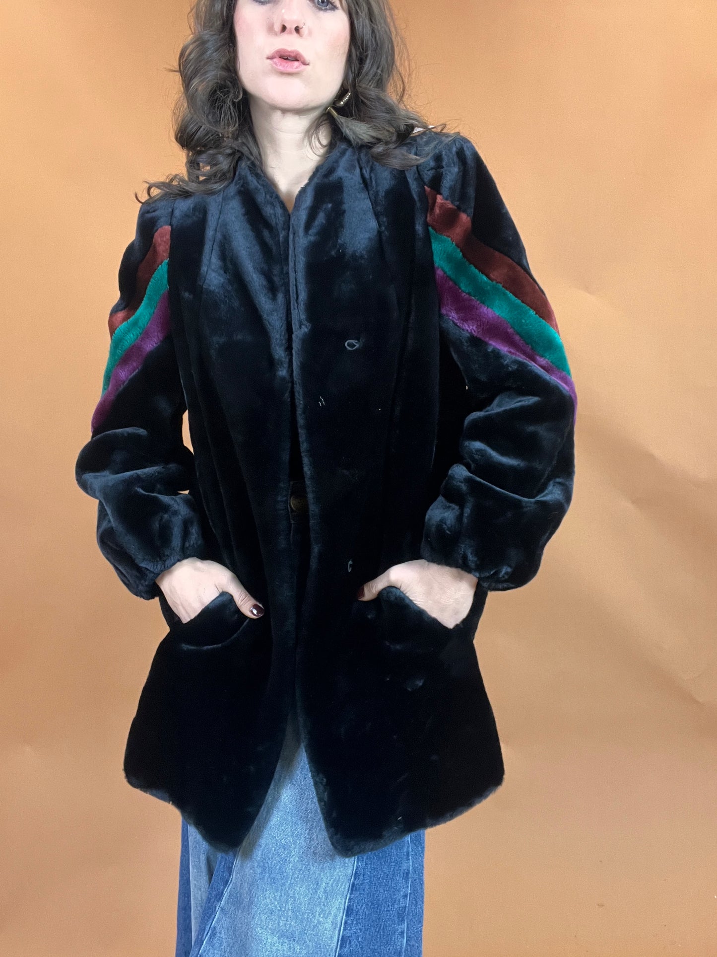 80s Striped Sleeve Fur Coat - M