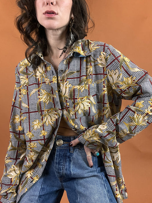 Plaid & Floral Slinky Button Down - XL