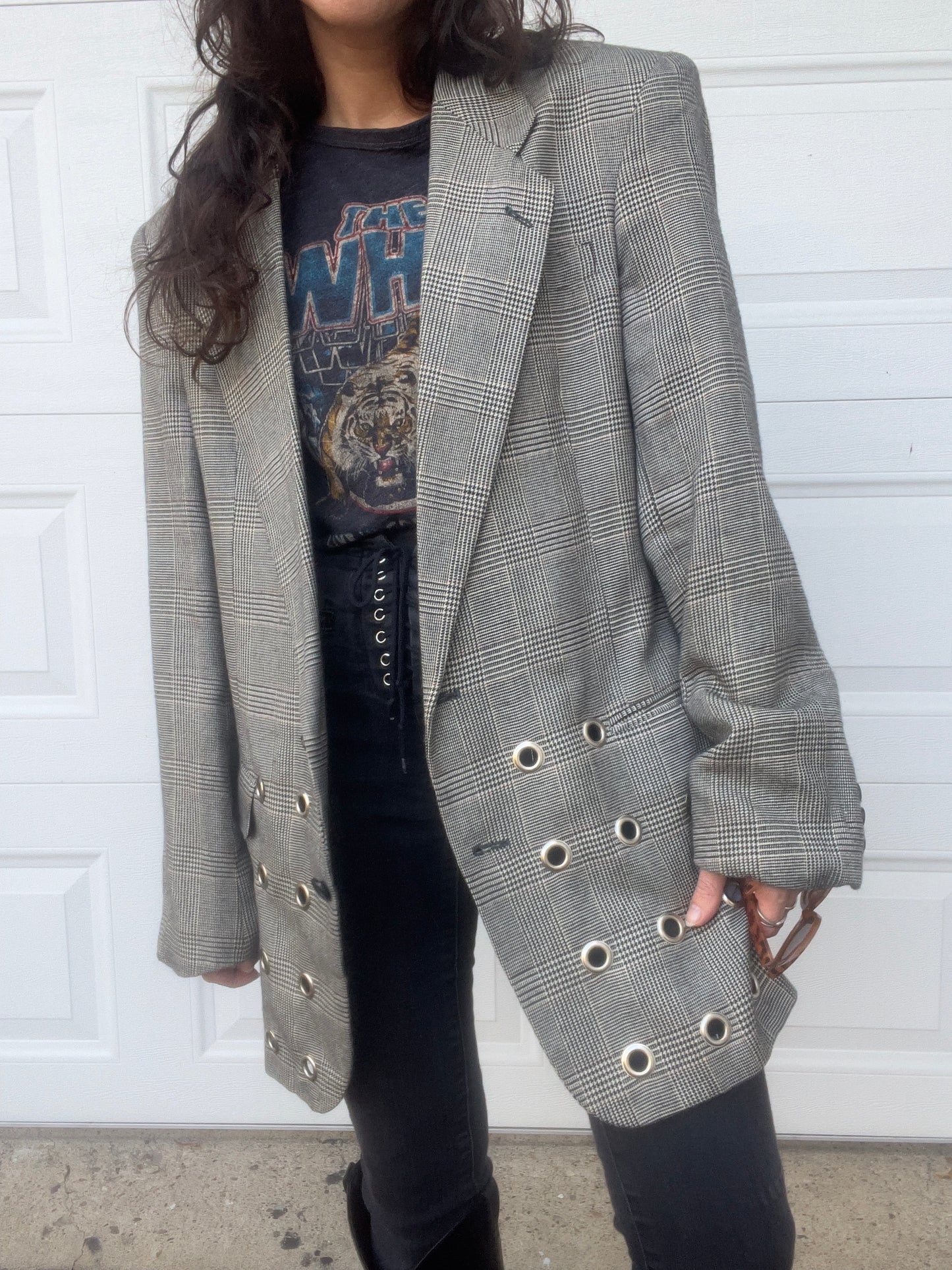 Grommeted Plaid Long Blazer