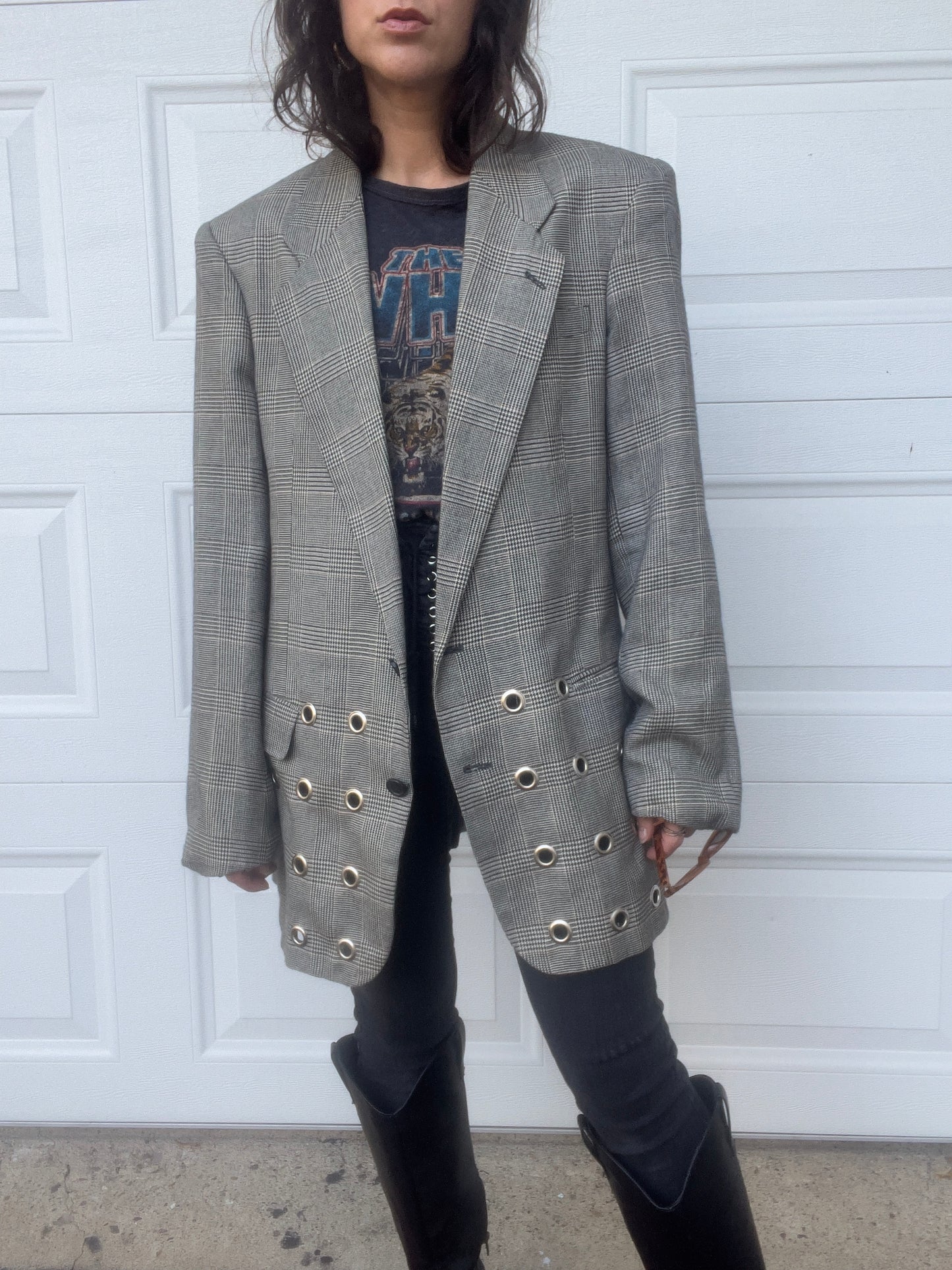 Grommeted Plaid Long Blazer