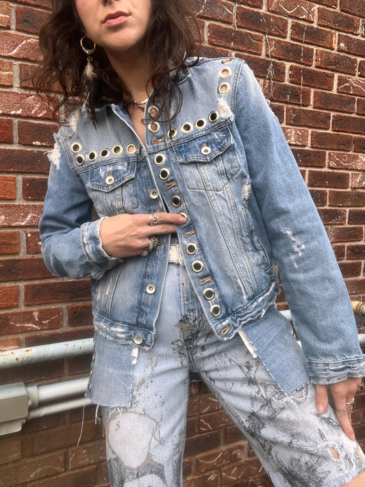 Grommeted & Distressed Denim Jacket - S