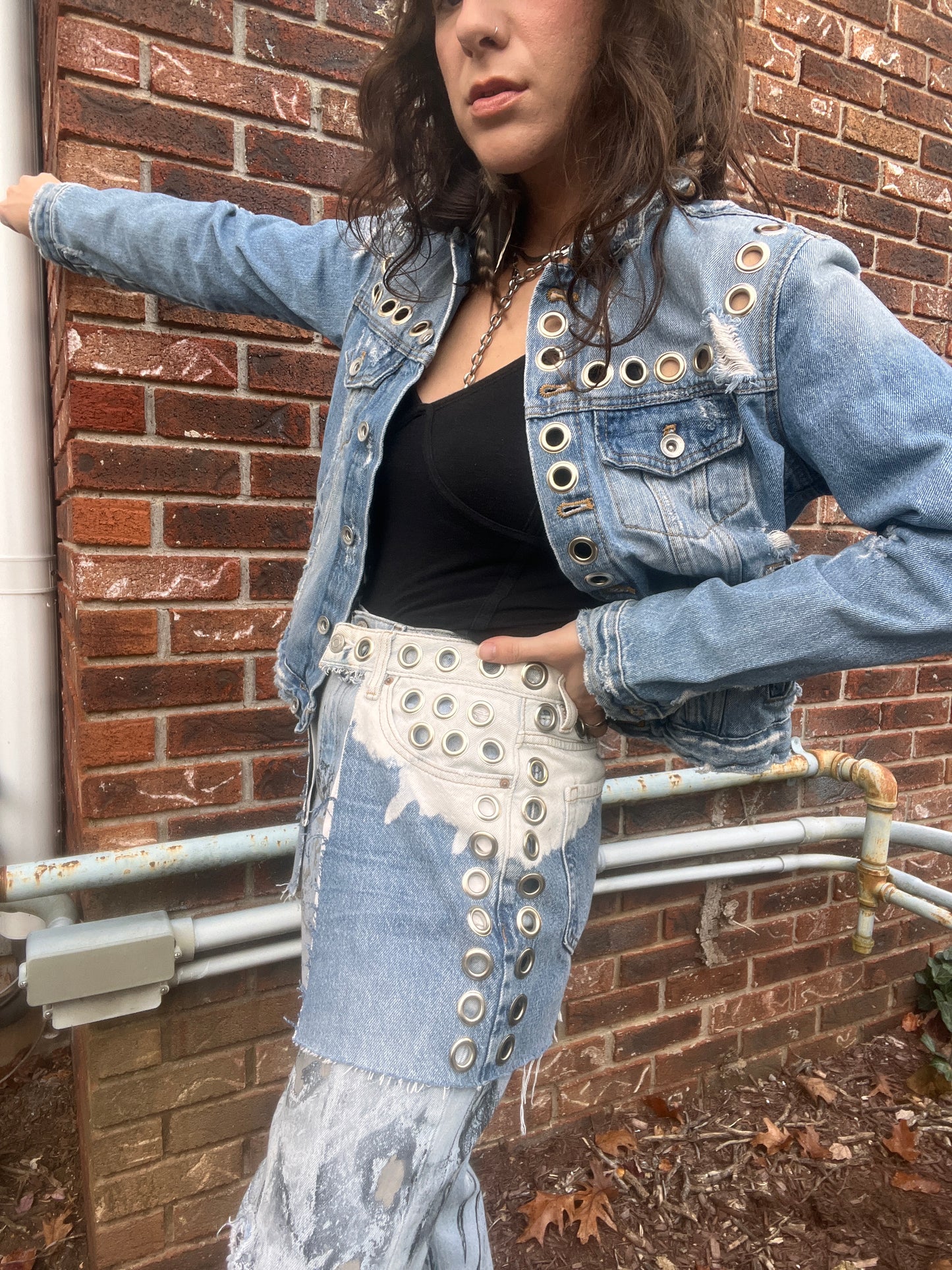 Grommeted & Distressed Denim Jacket - S