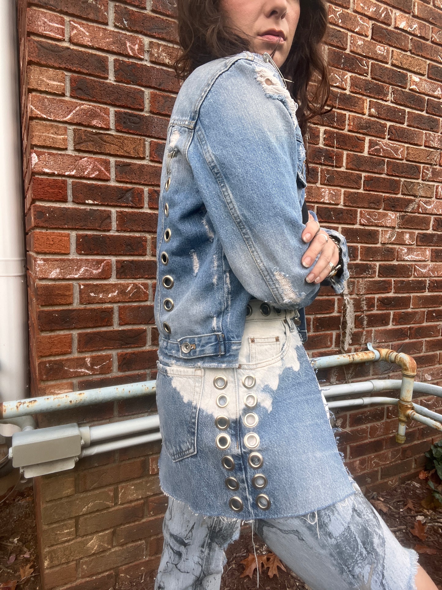 Grommeted & Distressed Denim Jacket - S