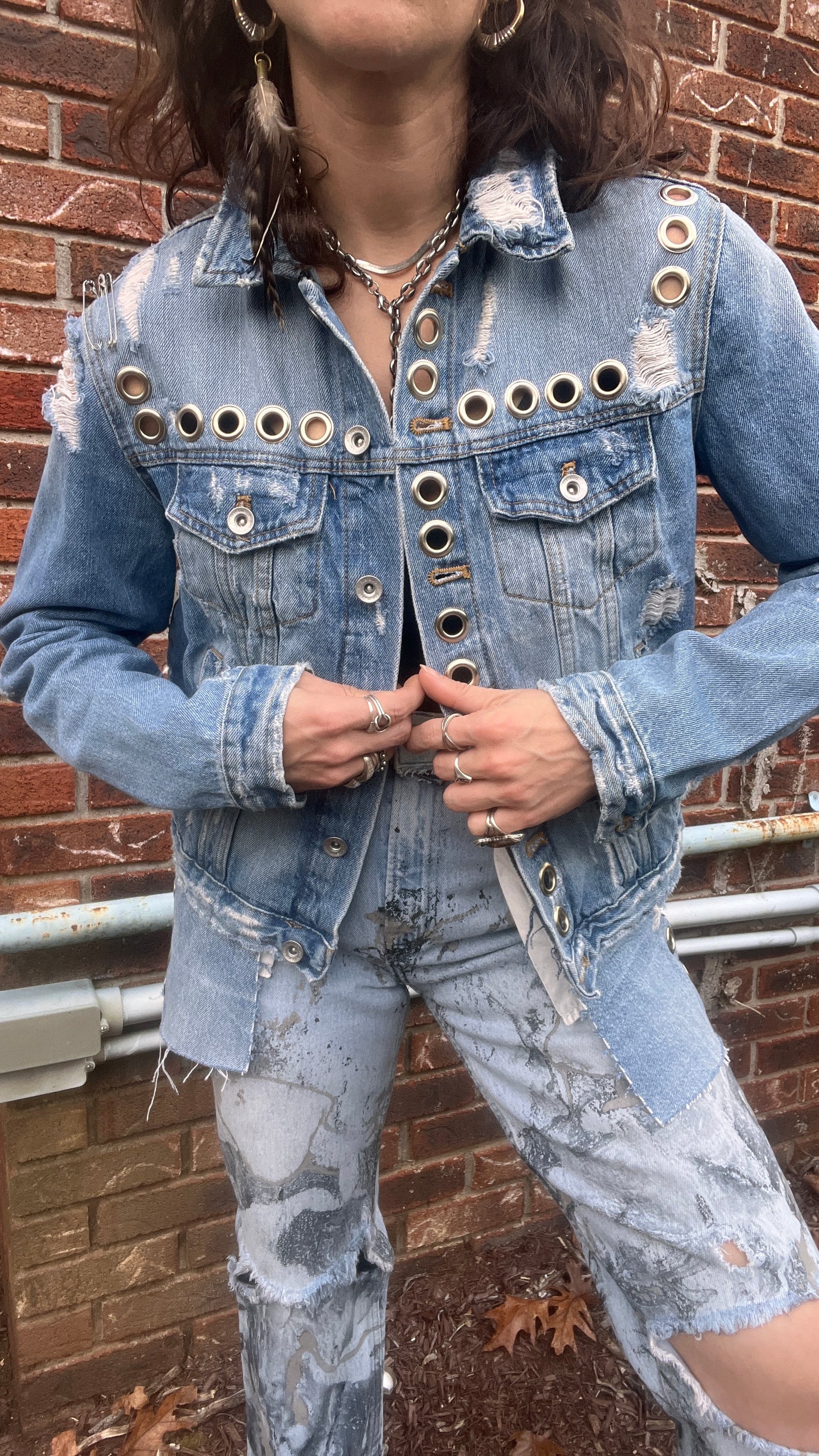 Grommeted & Distressed Denim Jacket - S