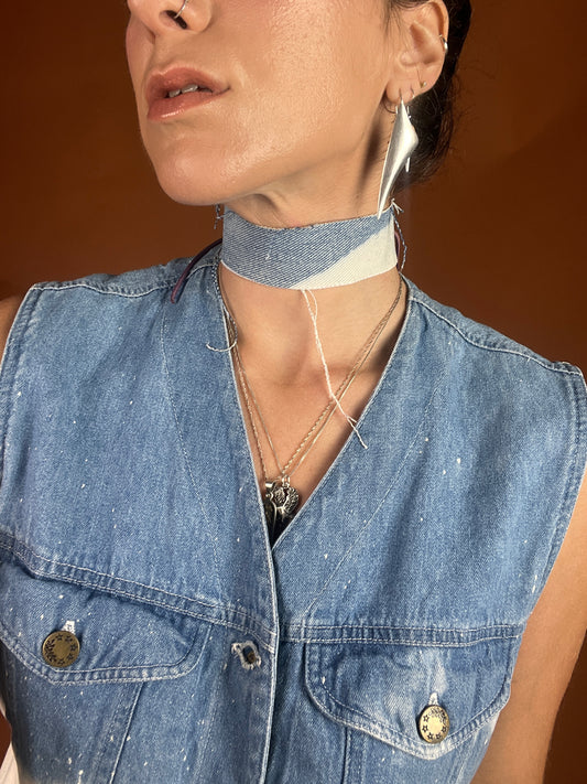 Denim x Grommet Choker Necklace - Light Wash Bleach