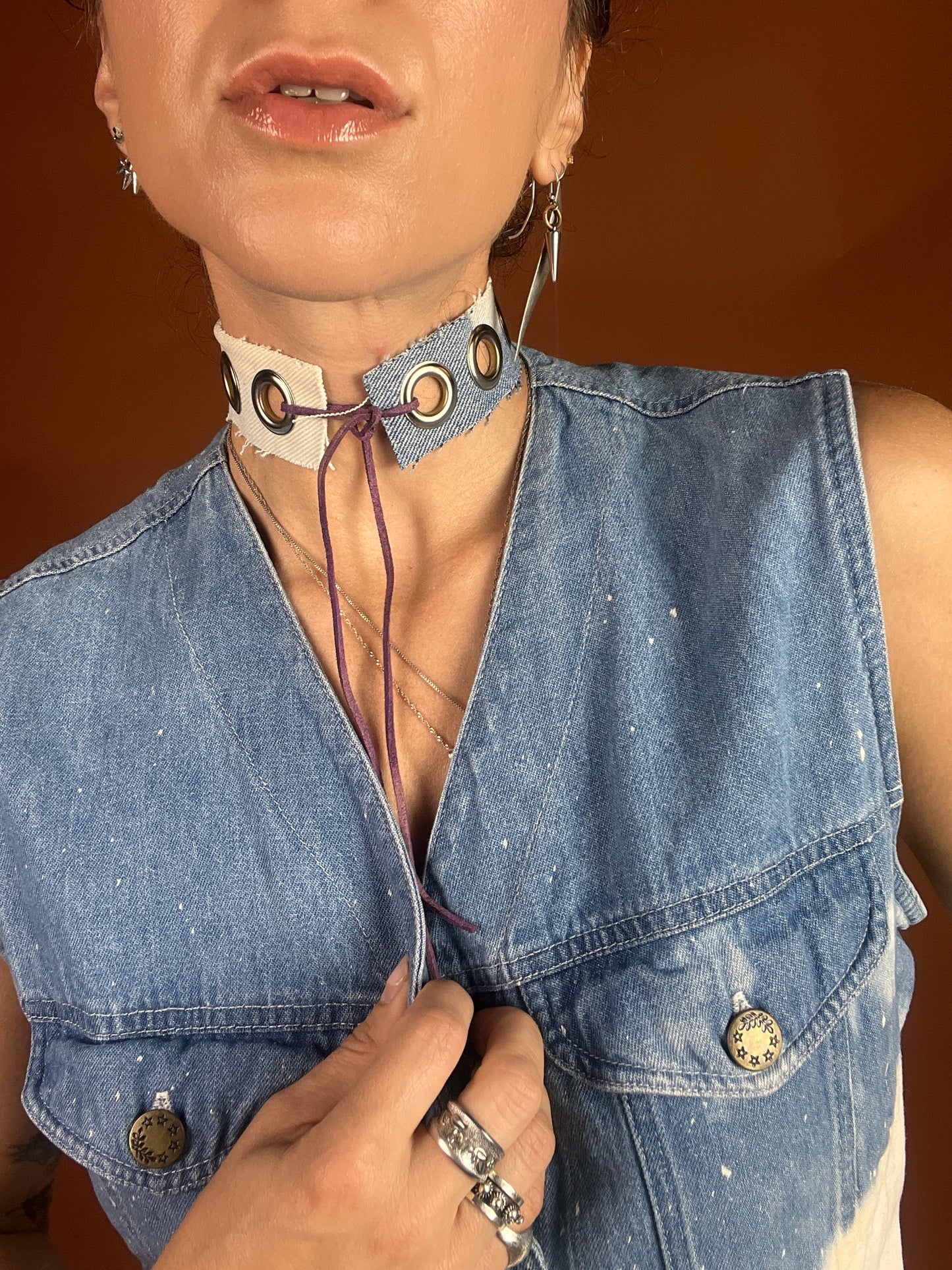 Denim x Grommet Choker Necklace - Light Wash Bleach - Full Metal