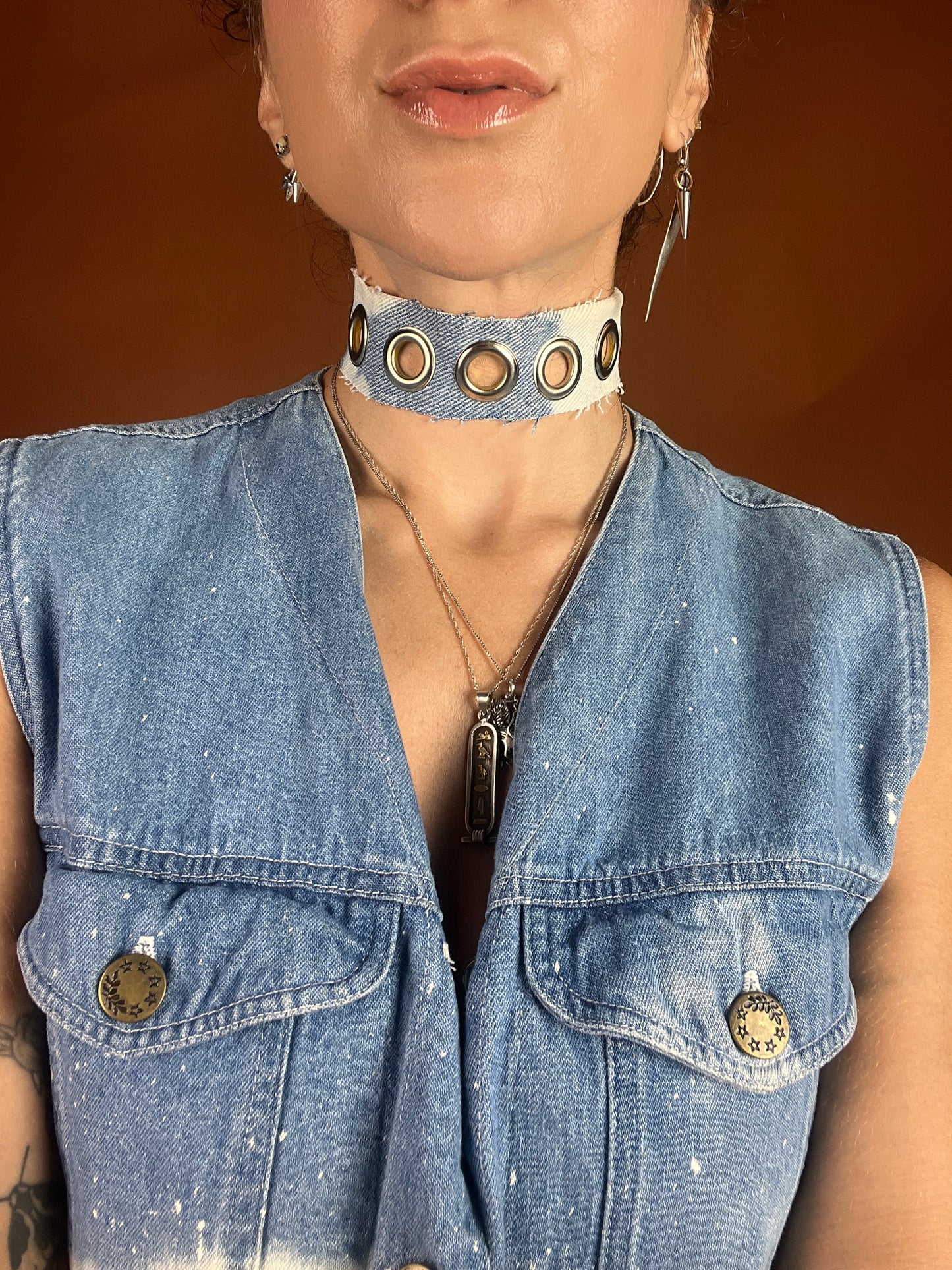 Denim x Grommet Choker Necklace - Light Wash Bleach - Full Metal