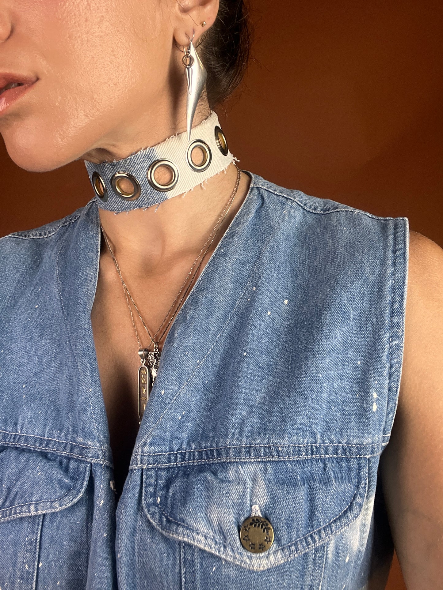 Denim x Grommet Choker Necklace - Light Wash Bleach - Full Metal