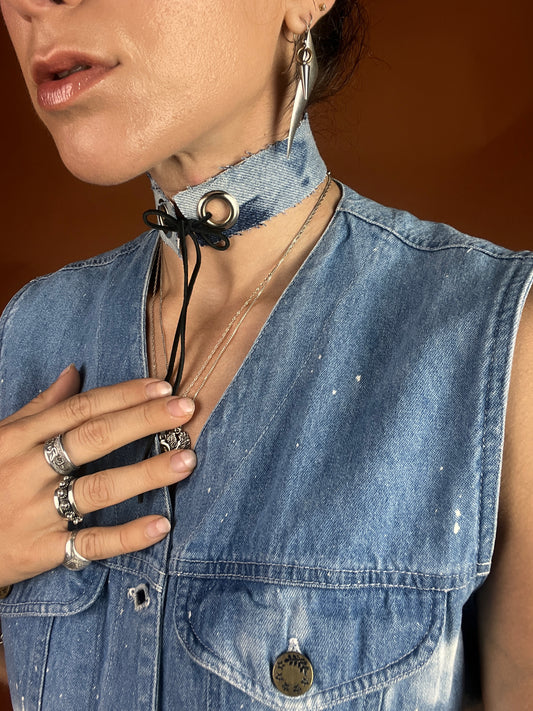 Denim x Grommet Choker Necklace - Dark Wash Bleach