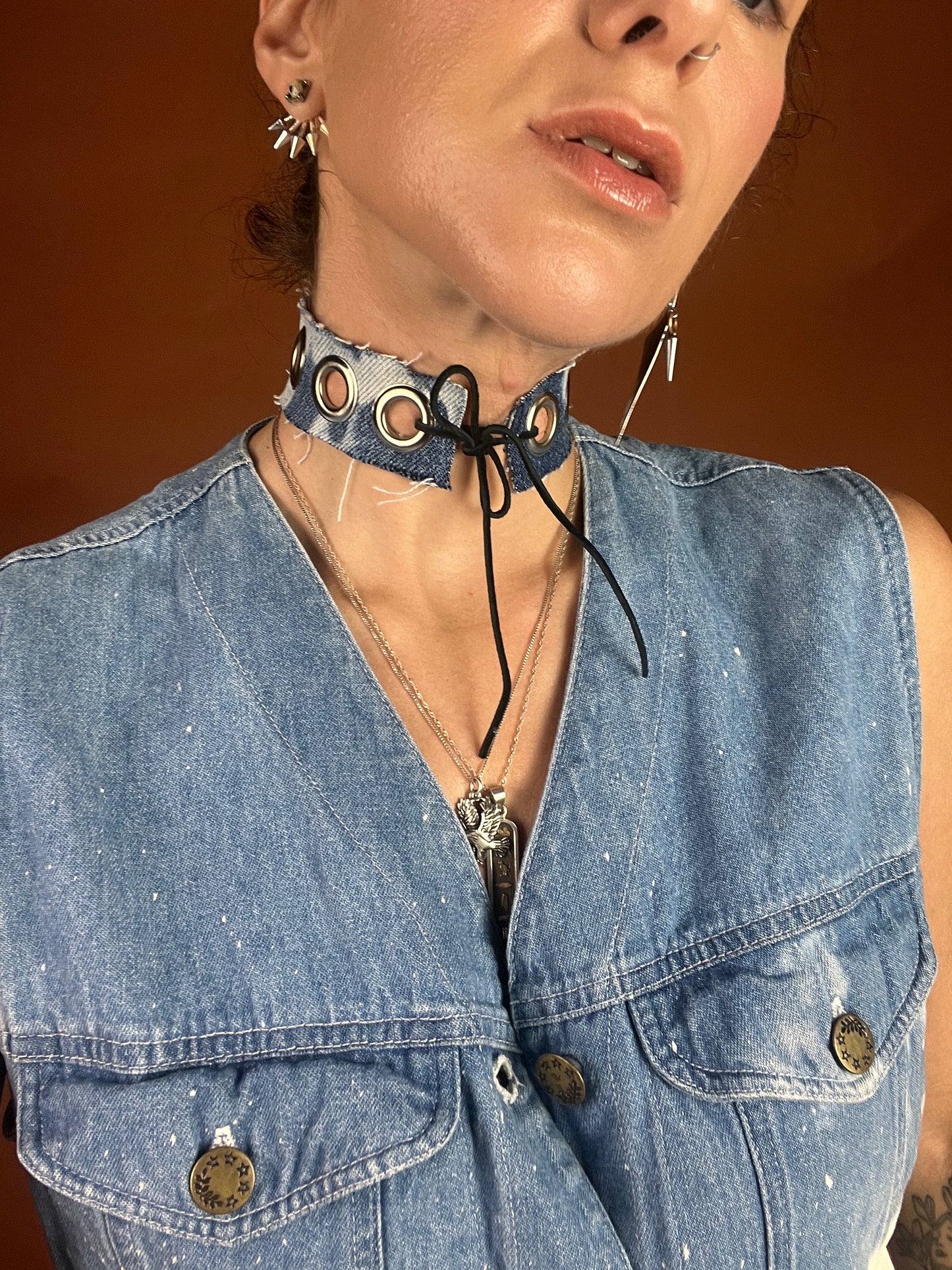 Denim x Grommet Choker Necklace - Dark Wash Bleach - Full Metal